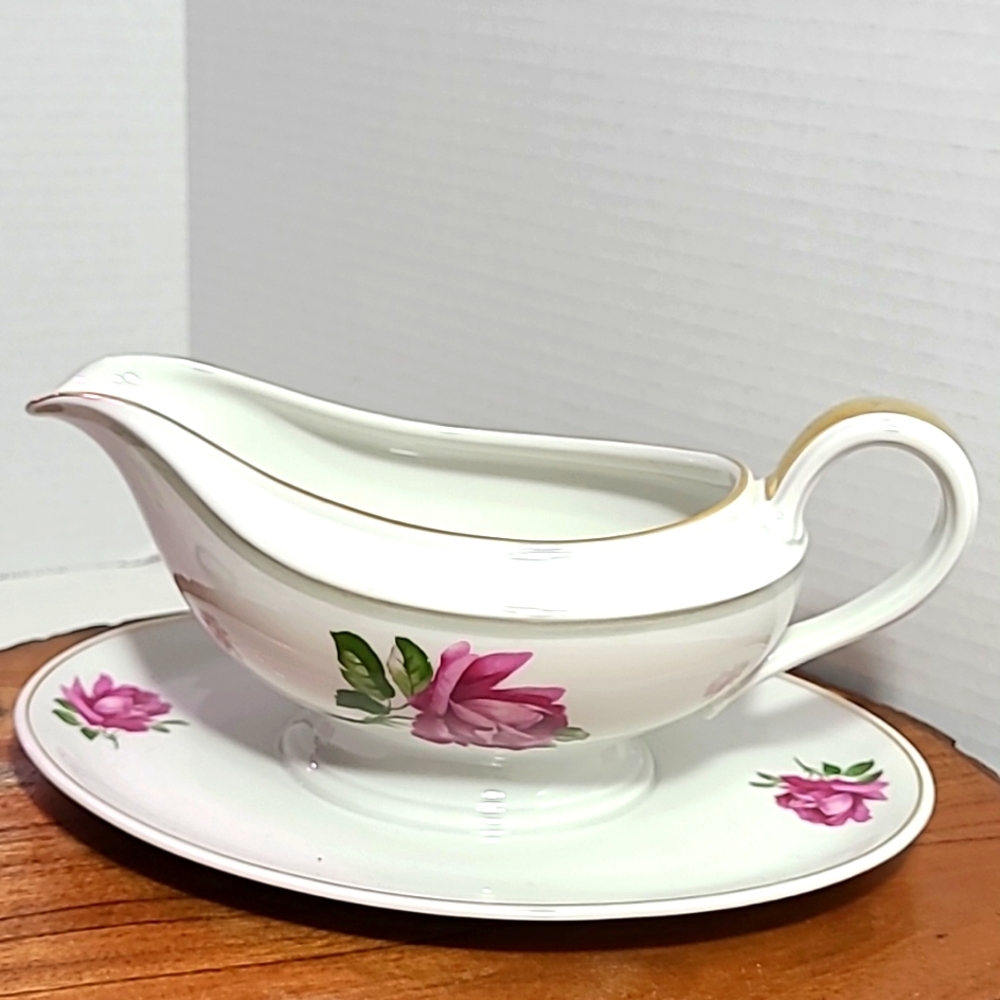 Vintage Thomas Germany White Porcelain Gravy Boat with Red Roses and Golden Trim